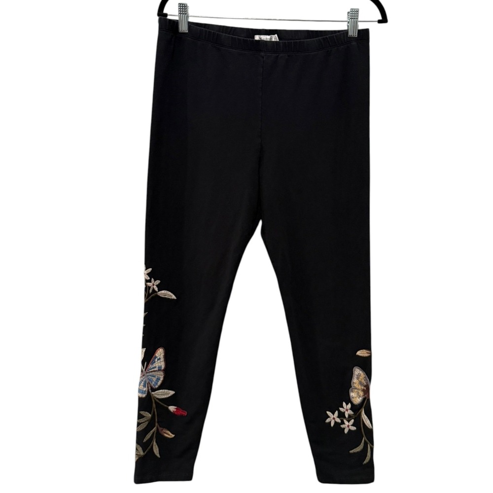 Johnny Was Leggings Women Sz L Black Floral Embroidered Butterfly Boho Pull On